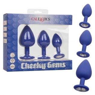 Набір анальних пробок різних розмірів синього кольору з сріблястими камінцями California Exotic Novelties Cheeky Gems 3 штуки